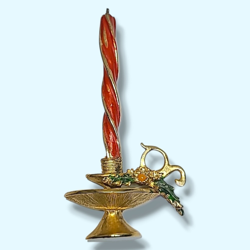 Rare Hattie Carnegie Christmas Candle Brooch Red Enamel Holly Vintage Pin Signed